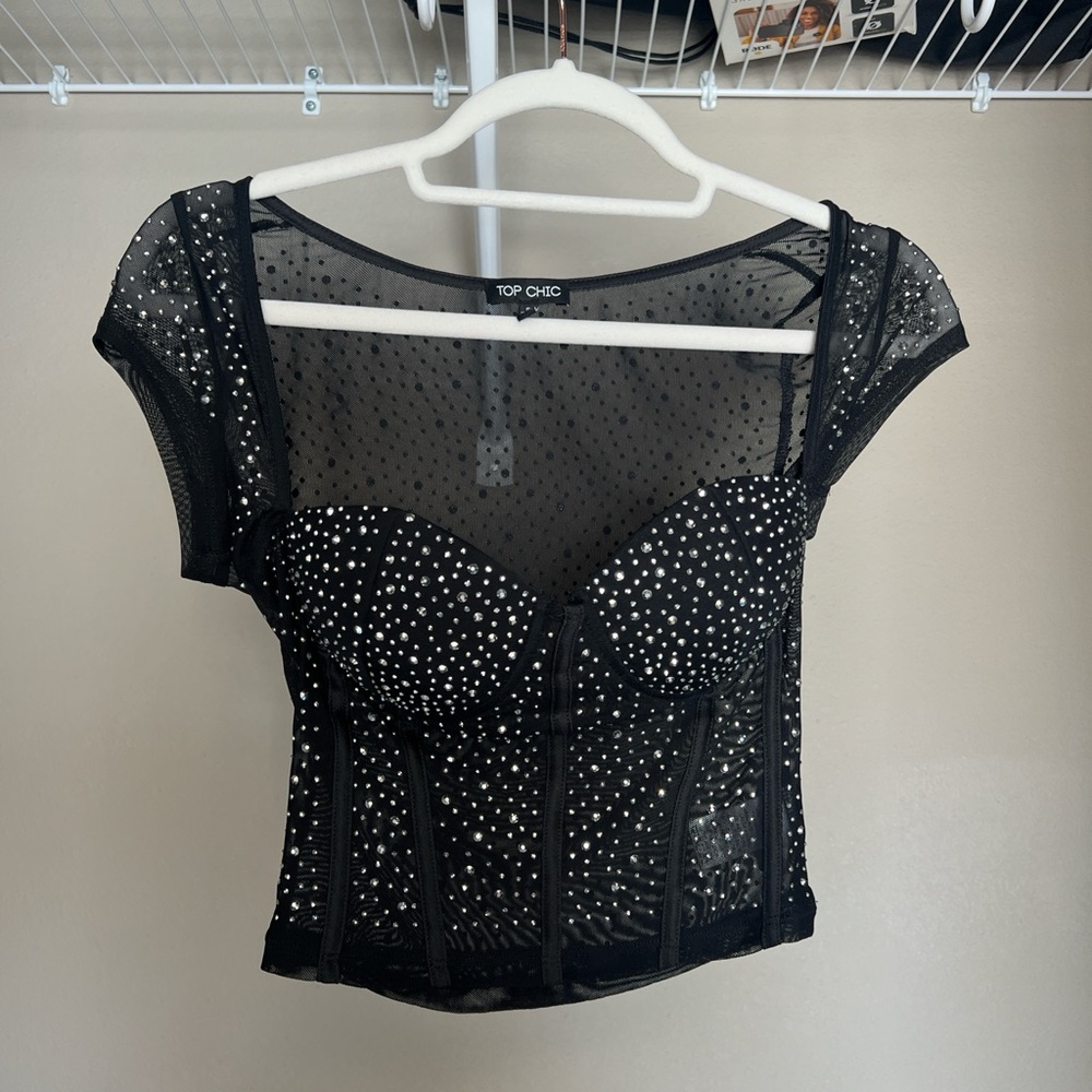 Black Mesh Corset Top With Rhinestones